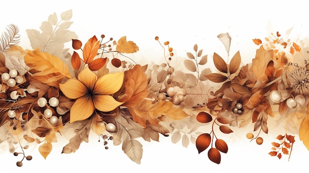 Ilustración floral hojas de otoño marrón y dorado IA generativa