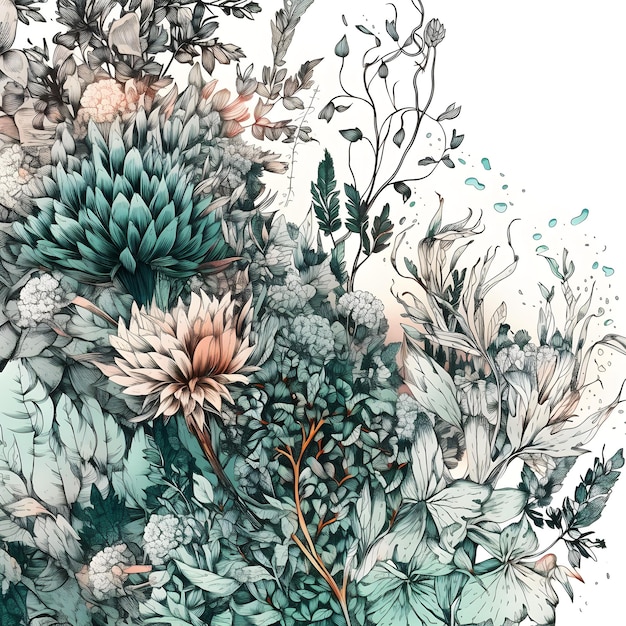 Una ilustración floral con muchas flores.