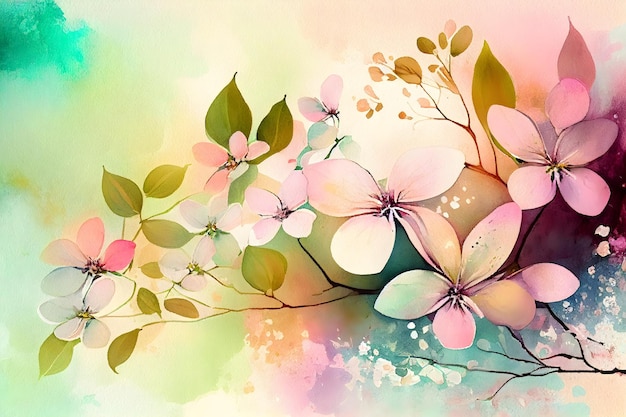 Ilustración floral de primavera acuarela con flores de colores pastel IA generativa