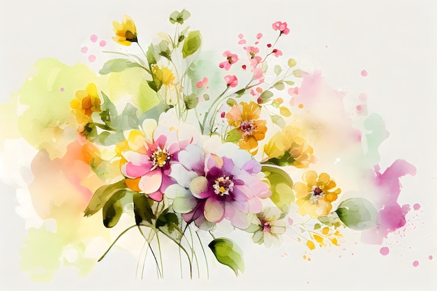 Ilustración floral de primavera acuarela flores de colores sobre un fondo blanco IA generativa