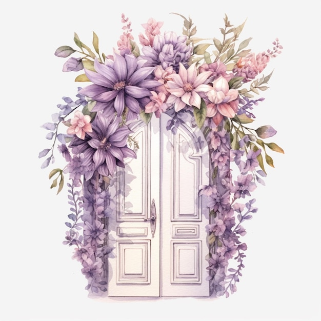 Una ilustración floral de una puerta con flores y las palabras "primavera" en la parte inferior.