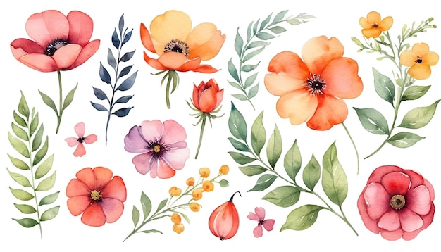 Ilustración de flores en acuarela Un gran conjunto de elementos de diseño