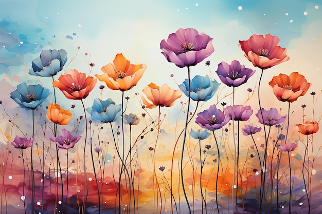 Ilustración de flores de colores sobre un fondo pastel