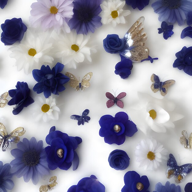 Ilustración de flores mariposa sin costuras patrón abstracto floral fondo aleatorio azul color blanco diseño moderno decoración impresión digital papel tapiz tela