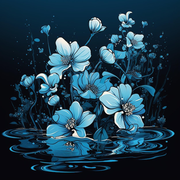 Ilustración de flores negras en agua tema azul duro