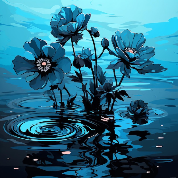 Ilustración de flores negras en agua tema azul duro