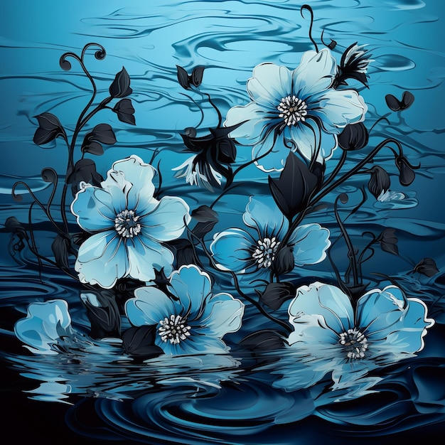 Ilustración de flores negras en agua tema azul duro