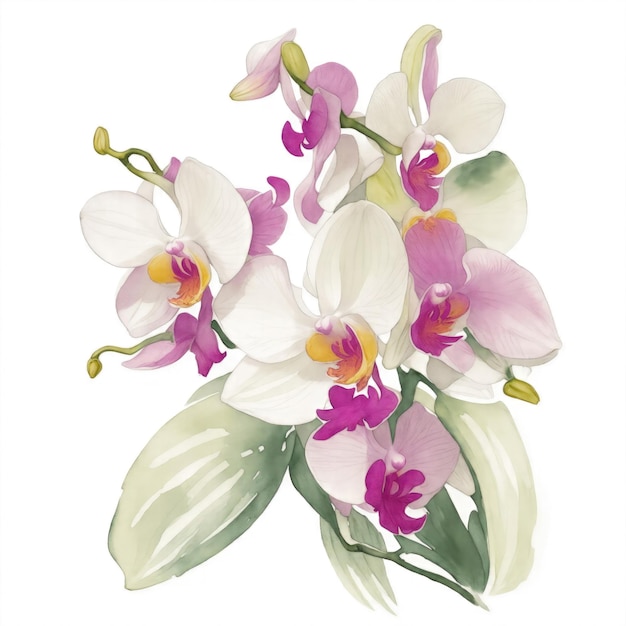 Ilustración de flores de orquídeas al estilo de la acuarela sobre un fondo blanco