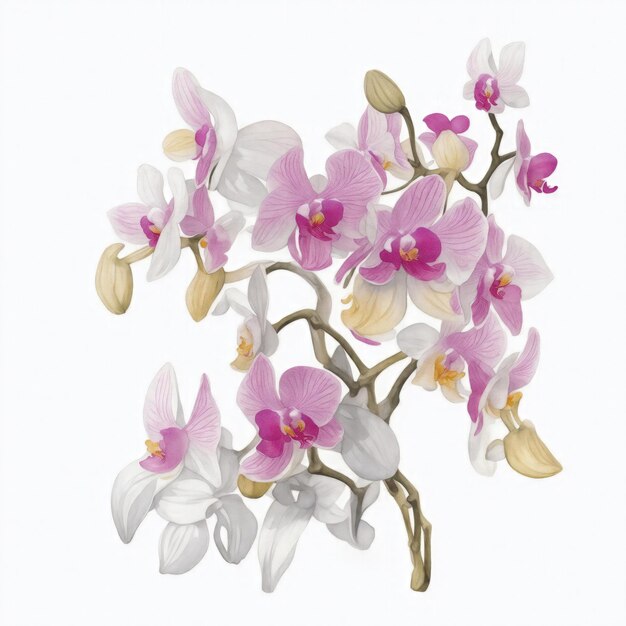 Ilustración de flores de orquídeas al estilo de la acuarela sobre un fondo blanco