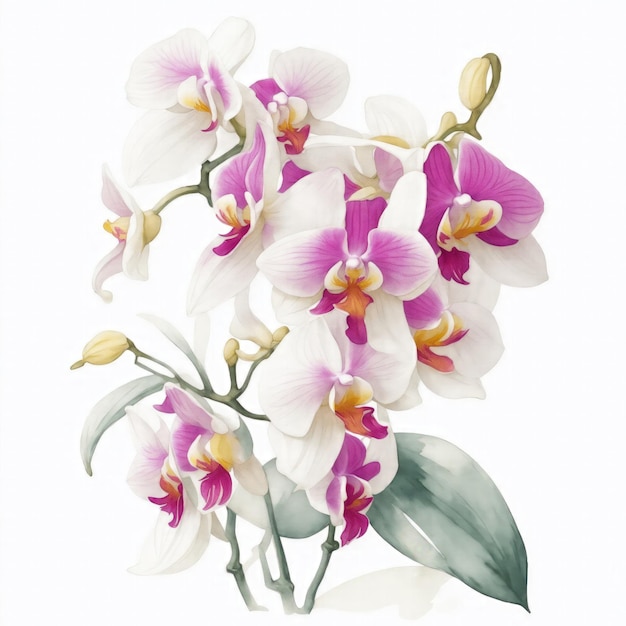 Ilustración de flores de orquídeas al estilo de la acuarela sobre un fondo blanco