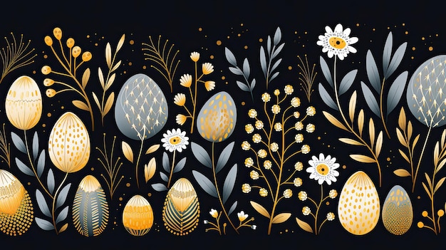 Ilustración con flores de primavera y adornos de huevos brillantes Tarjeta de vacaciones de Pascua simple y hermosa Concepto de primavera