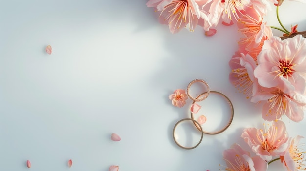 Foto ilustración de flores rosadas y dos anillos de bodas de oro sobre un fondo blanco