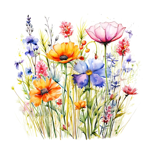 Ilustración de flores silvestres de acuarela aislada sobre fondo blanco