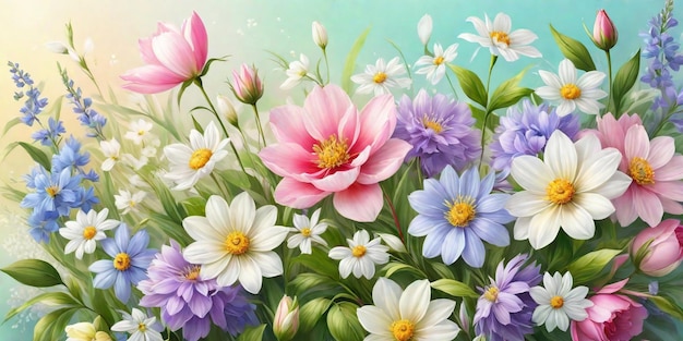 Ilustración de flores silvestres de primavera y verano en un fondo de colores pastel ai generativo