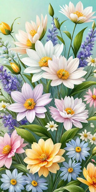 Ilustración de flores silvestres de primavera y verano en un fondo de colores pastel ai generativo