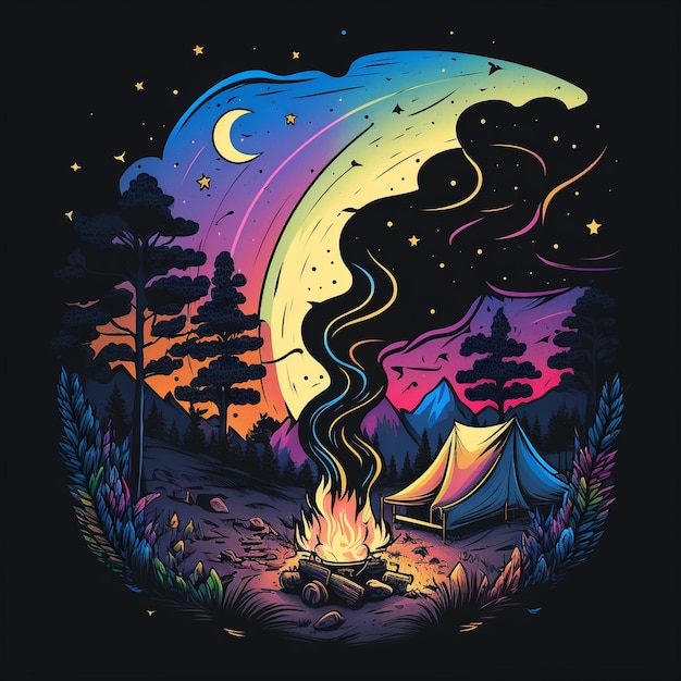 Ilustración de una fogata en el bosque con la luna y las estrellas en el fondo.