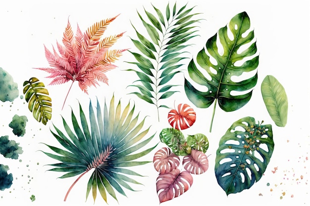 Ilustración de follaje tropical en acuarela sobre blanco