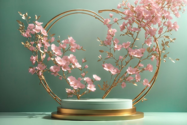 ilustración para fondo 3d podio verde redondo con flores rosadas ai generativo