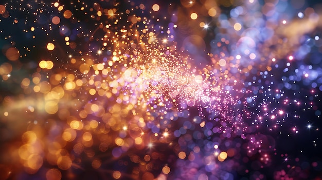 Ilustración de fondo abstracto de púrpura y oro brillante con luces y estrellas Bokeh