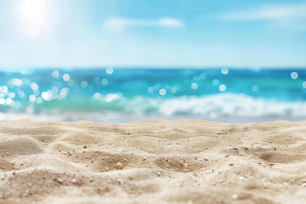 Ilustración de fondo borroso de una hermosa playa de arena con mar azul y vacaciones de verano bokeh