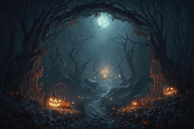 Ilustración de fondo de bosque de Halloween AI Generativo