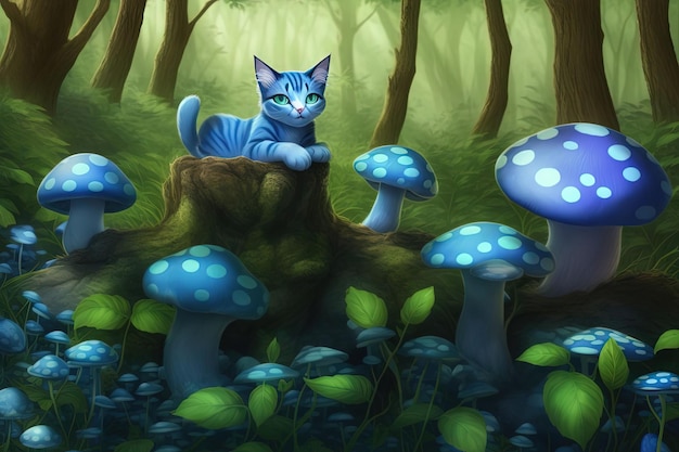 Una ilustración de fondo de bosque de hongos de gato azul
