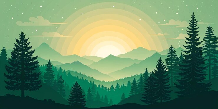 Ilustración de fondo del bosque de las montañas del amanecer