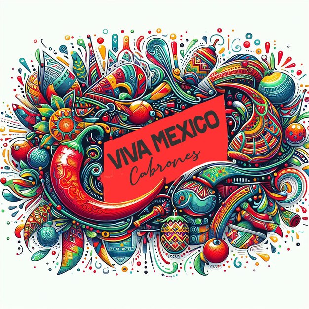 Ilustración de un fondo colorido con un cartel que dice Viva México