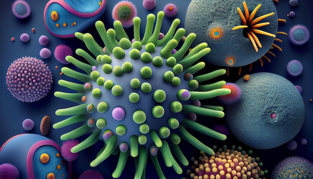 Ilustración de fondo colorido de virus, bacterias y microorganismos.