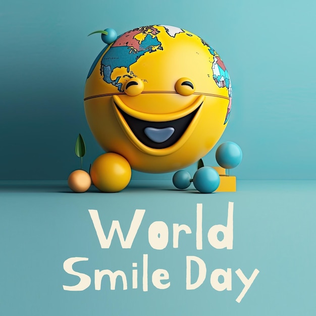 Foto ilustración de fondo del día mundial de la sonrisa con el feliz planeta tierra sonriente
