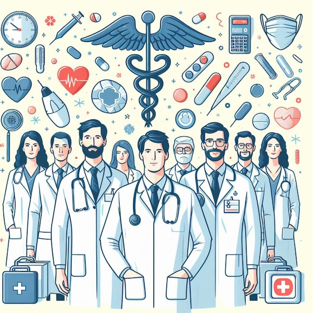 Foto ilustración de fondo del día nacional de los médicos médica de pie frente a su equipo en el hospital