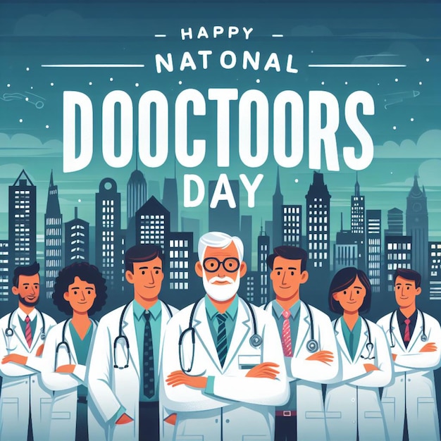 Ilustración de fondo del Día Nacional de los Médicos Médica de pie frente a su equipo en el hospital