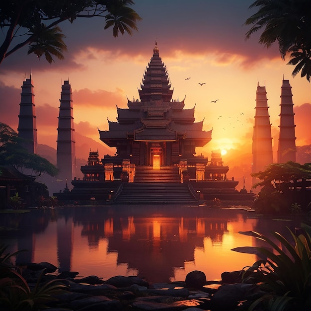 Ilustración de fondo del día de silencio de Nyepi con el templo al atardecer