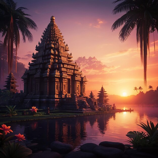 Ilustración de fondo del día de silencio de Nyepi con el templo al atardecer