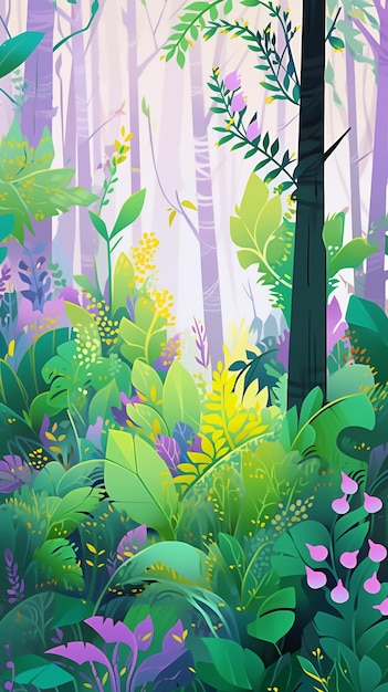 Ilustración de fondo de dibujos animados dibujados a mano con hermosos paisajes de bosque de primavera
