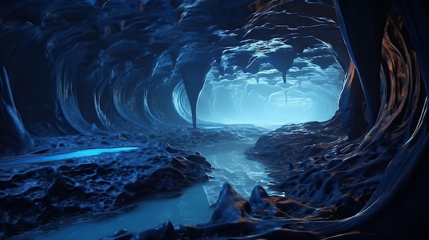 Foto ilustración de fondo de fantasía de cueva azul brillante