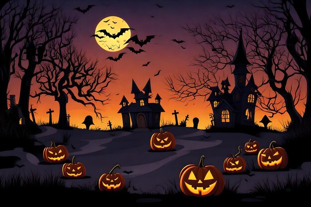 Ilustración de fondo de halloween con casa lápidas árboles murciélagos y luna llena