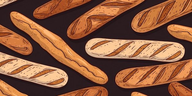 Ilustración de fondo horizontal de pan baguette recién horneado
