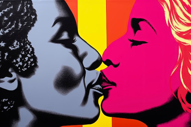 Ilustración de fondo de IA generativa de lesbianas felices, una caucásica, una negra besándose durante el orgullo gay