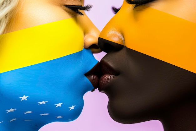 Ilustración de fondo de IA generativa de lesbianas felices, una caucásica, una negra besándose durante el orgullo gay