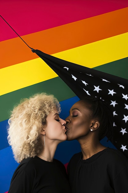 Foto ilustración de fondo de ia generativa de lesbianas felices, una caucásica, una negra besándose durante el orgullo gay