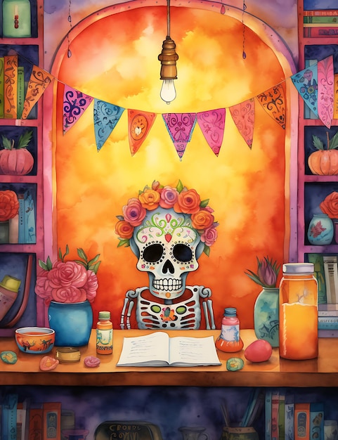 Ilustración de fondo del marco del día de los muertos con esqueleto Concepto del día de los muertos