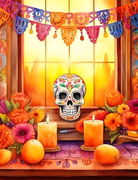 Ilustración de fondo del marco del día de los muertos con esqueleto Concepto del día de los muertos