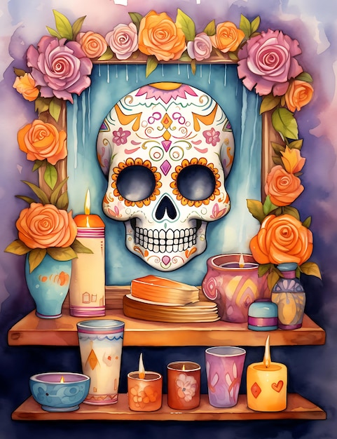 Ilustración de fondo del marco del día de los muertos con esqueleto Concepto del día de los muertos