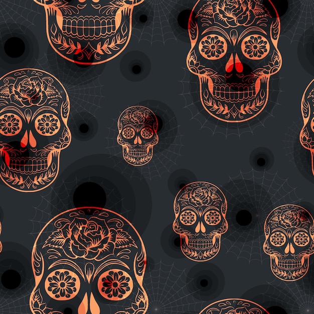 Ilustración de un fondo negro con calaveras rojas