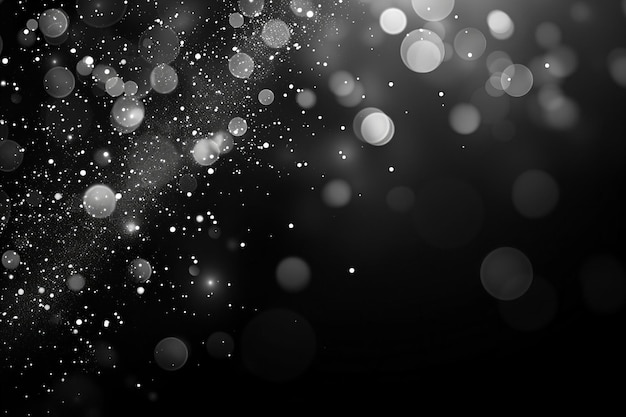 Ilustración de fondo negro con luces bokeh blancas en escala de gris de alta resolución hiperrealista