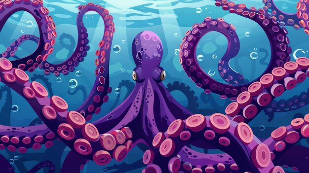 Ilustración del fondo del océano con brazos de monstruos aterradores de tentáculos de pulpo gigante púrpura y rosado con chupetes Ilustración de dibujos animados del fondo del oceano con tentáculos del pulpo gigante purpura y rosada