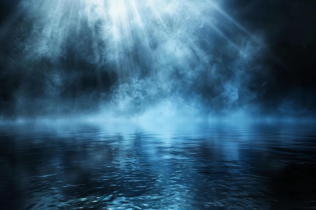 Ilustración de fondo oscuro abstracto con niebla y rayos de luz azul escena vacía para la presentación del producto