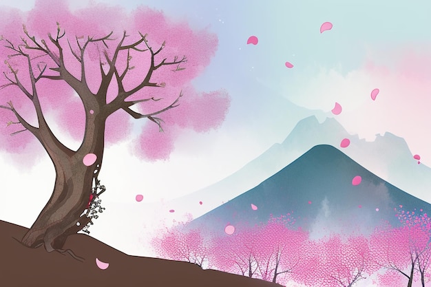 Ilustración de fondo de papel tapiz de arte abstracto de acuarela china de puesta de sol de montaña de casa de árbol rosa