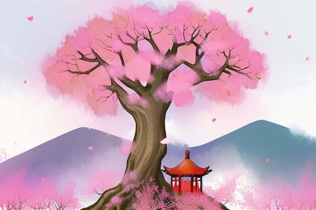 Ilustración de fondo de papel tapiz de arte abstracto de acuarela china de puesta de sol de montaña de casa de árbol rosa